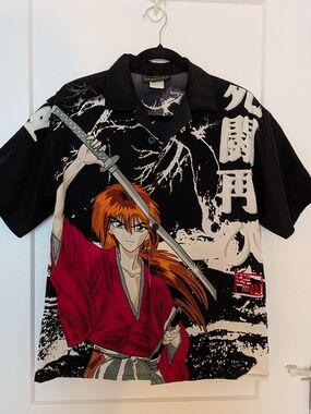 Vintage Anime Shirt Mens Rurouni Kenshin Y2K Sword All Over Print Sz. L/XL